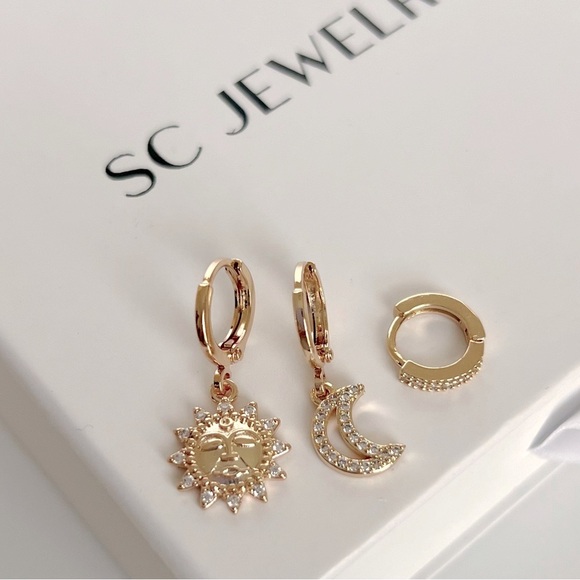 Hoop Earrings Trio Earrings Sun Moon Earrings 18k Gold Plated Jewelry - Picture 1 of 9
